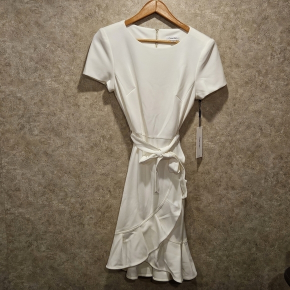 Calvin Klein NWT SZ 10 Ivory Short Sleeve Crepe Dress with Ruffle and Waist Tie - Picture 2 of 13